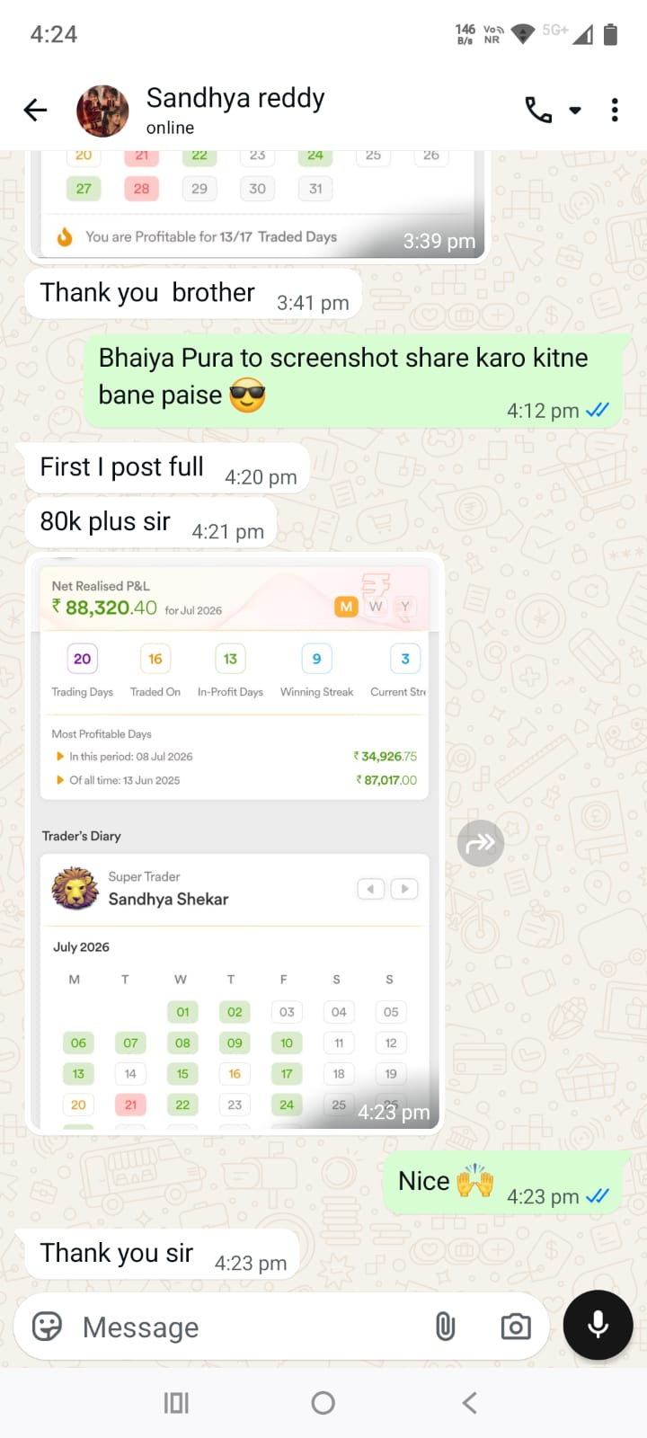 Client trading-result WhatsApp screenshot