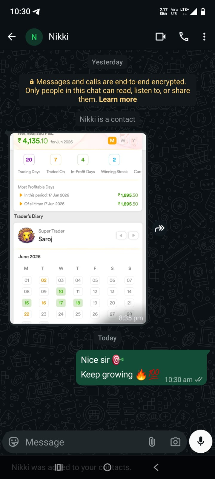 Client trading-result WhatsApp screenshot