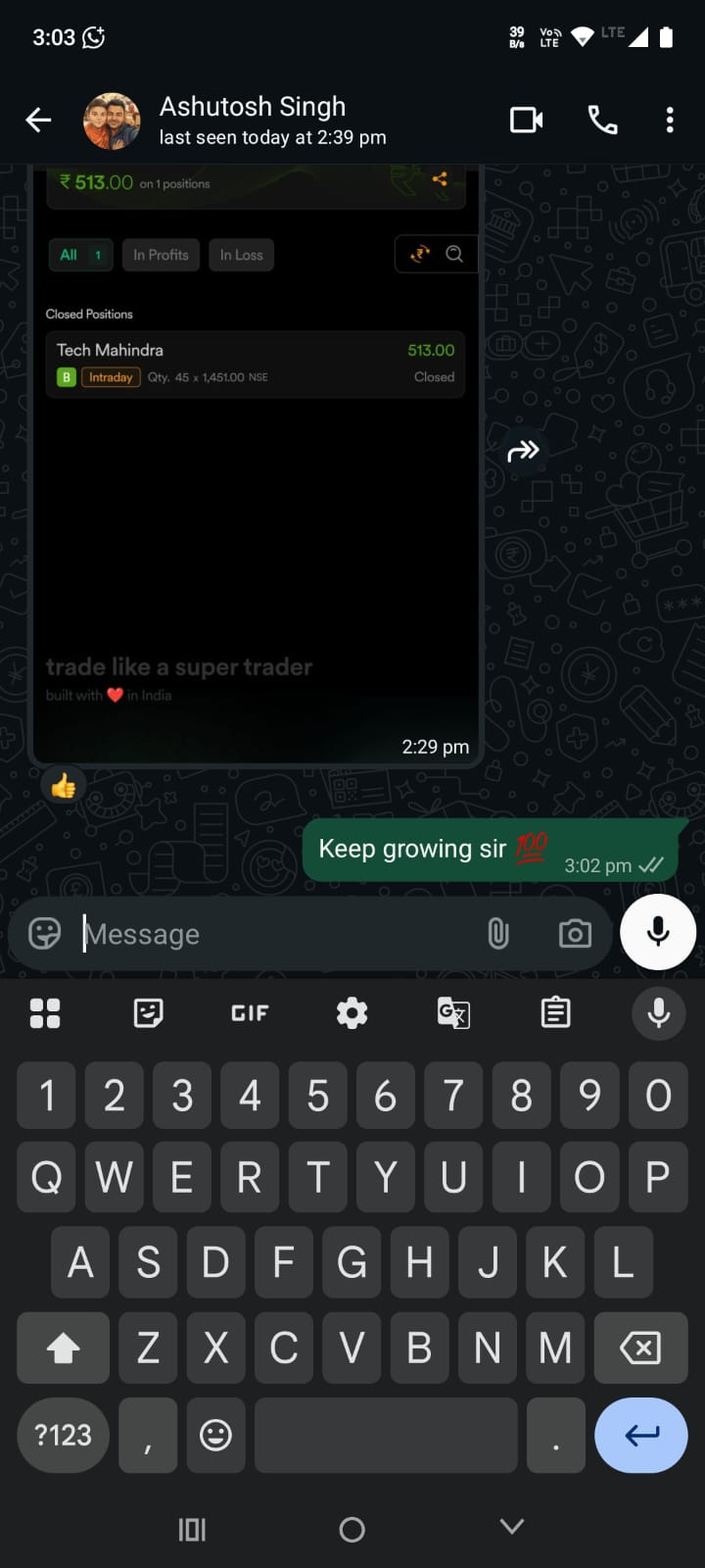 Client trading-result WhatsApp screenshot